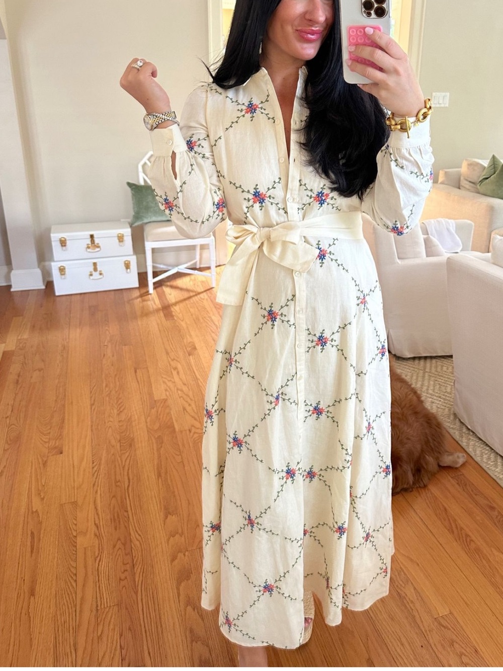 Sezane Cream Floral Button-Front Tie-Waist Maxi Dress